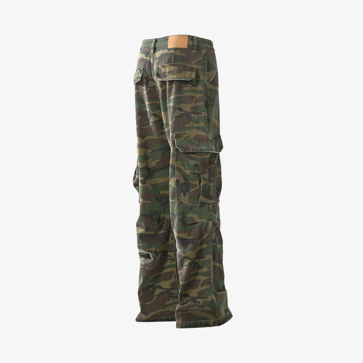 Woven Ripped Camouflage Flared Cargo Pants