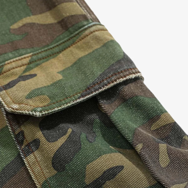 Woven Ripped Camouflage Flared Cargo Pants