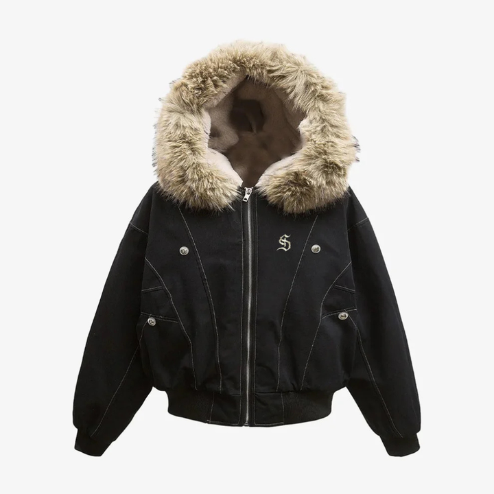 Faux Fur Lined Zip Up Winter Hooded Bomber Jacket