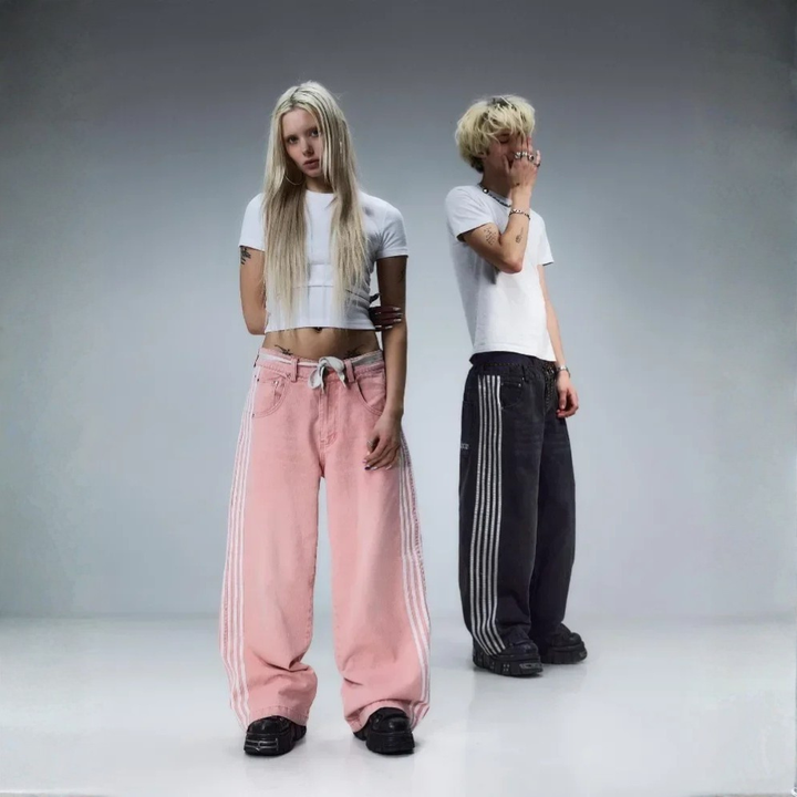 Embroidered Striped Baggy Jeans - 01