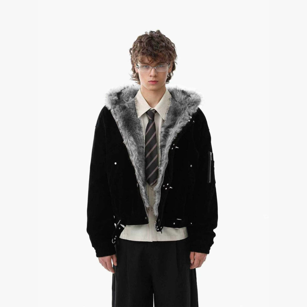 Streetwear Metal Clip Faux Fur Hooded Suede Bomber Jacket