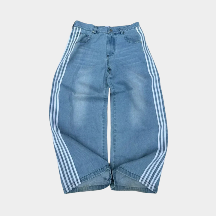 Embroidered Striped Baggy Jeans - 01