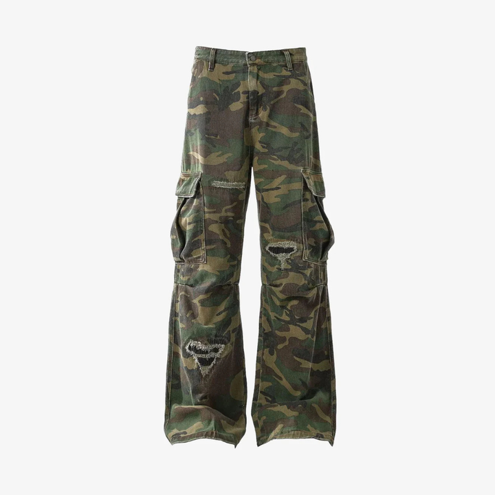 Woven Ripped Camouflage Flared Cargo Pants