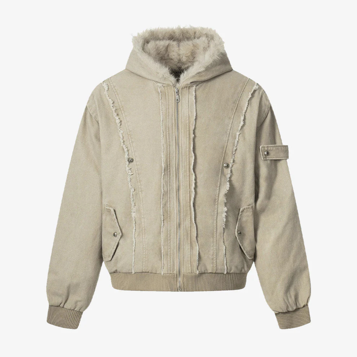 Retro Washed Fleece-lined Hooded Work Jacket