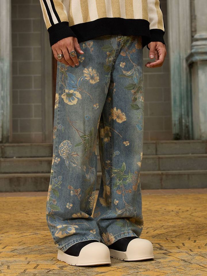 Floral Washed Baggy Jeans