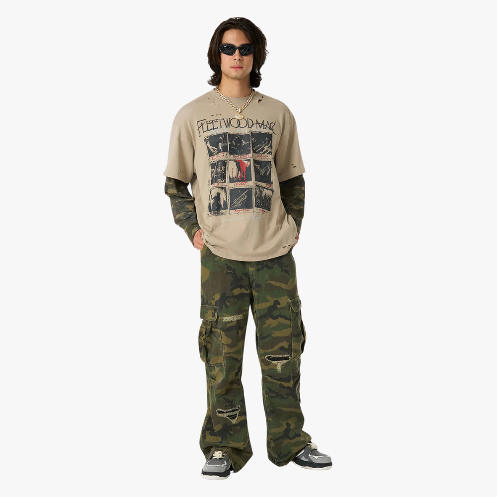 Jersey Distressed Camouflage Faux Two-Piece Graphic T-Shirt