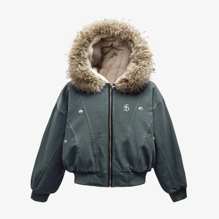 Faux Fur Lined Zip Up Winter Hooded Bomber Jacket