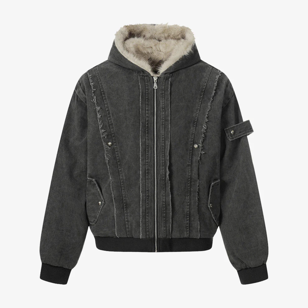 Retro Washed Fleece-lined Hooded Work Jacket