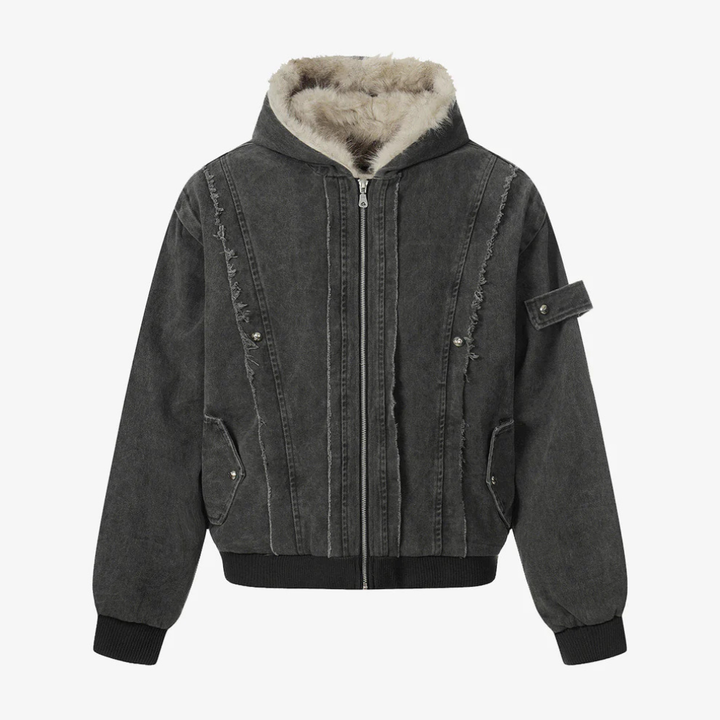 Retro Washed Fleece-lined Hooded Work Jacket