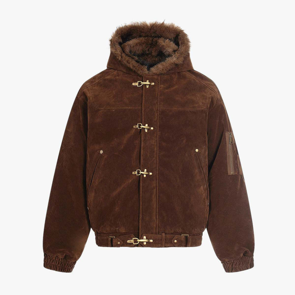 Streetwear Metal Clip Faux Fur Hooded Suede Bomber Jacket