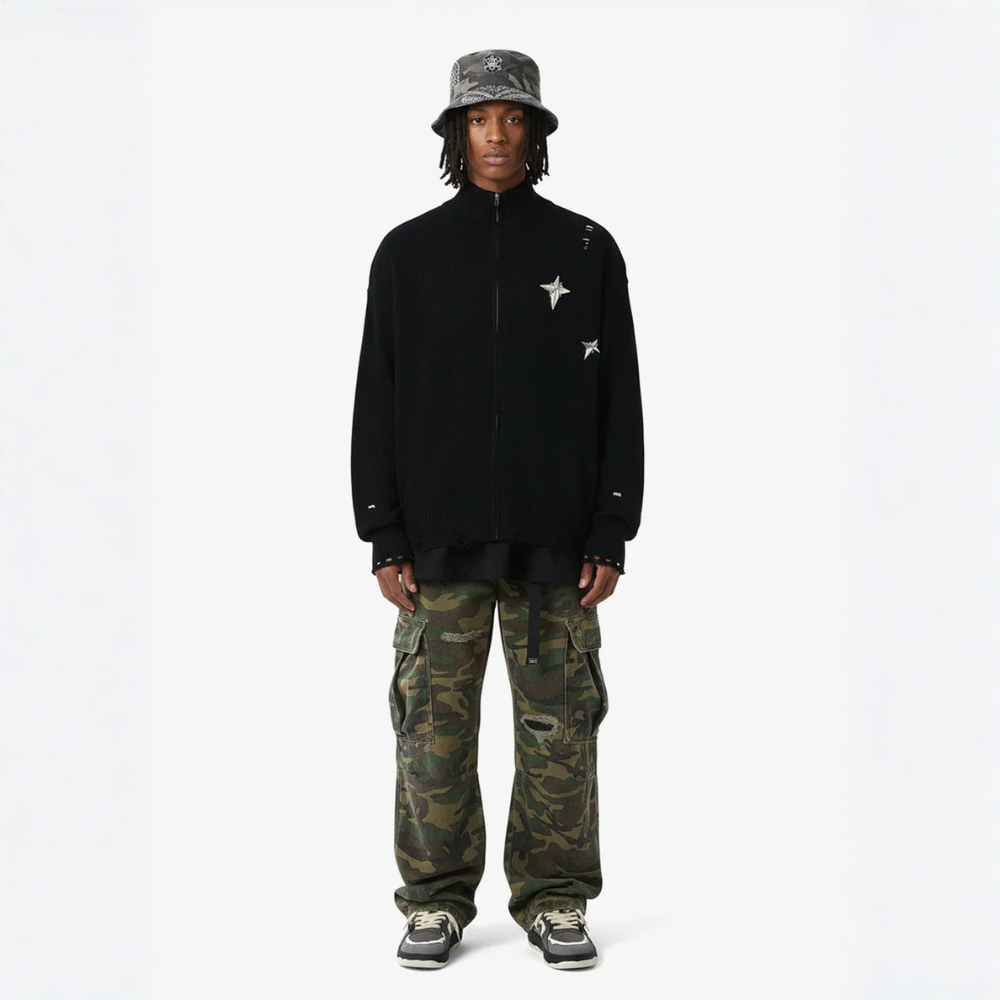 Woven Ripped Camouflage Flared Cargo Pants