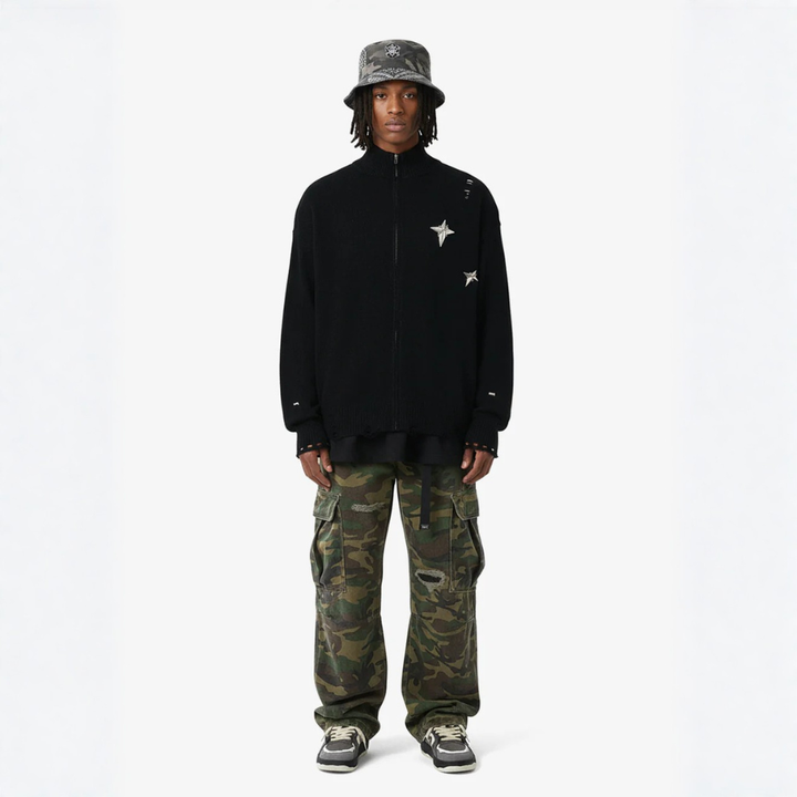 Woven Ripped Camouflage Flared Cargo Pants