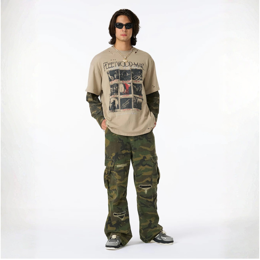 Woven Ripped Camouflage Flared Cargo Pants