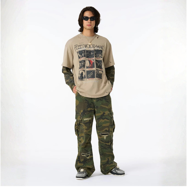 Woven Ripped Camouflage Flared Cargo Pants