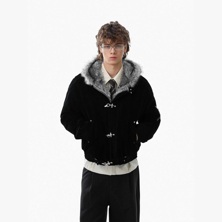 Streetwear Metal Clip Faux Fur Hooded Suede Bomber Jacket