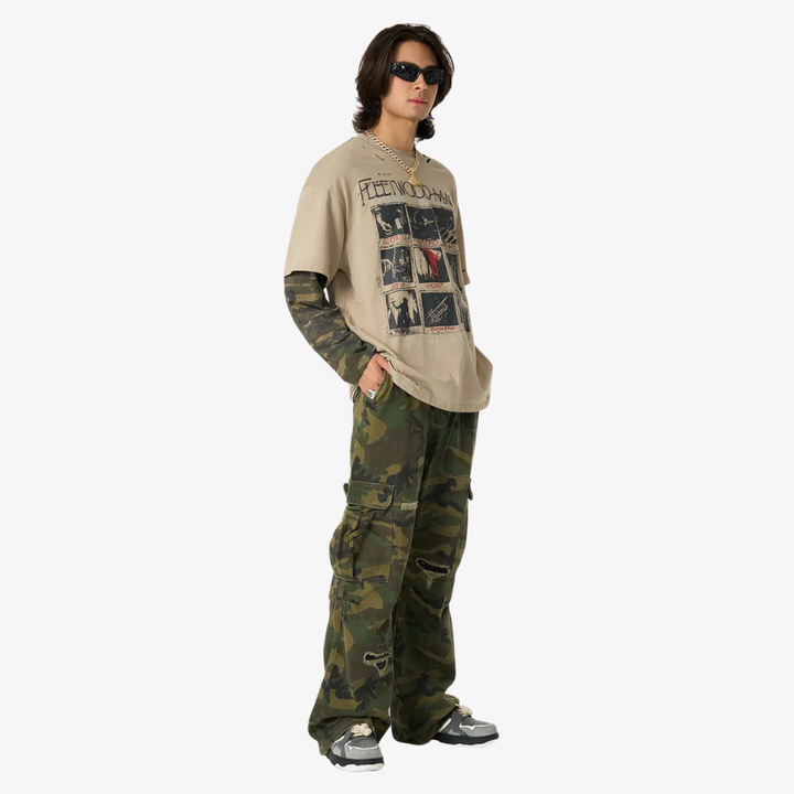 Jersey Distressed Camouflage Faux Two-Piece Graphic T-Shirt