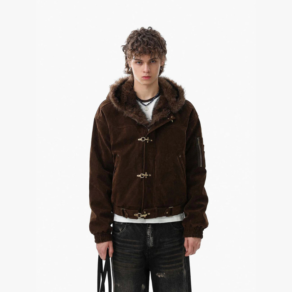 Streetwear Metal Clip Faux Fur Hooded Suede Bomber Jacket