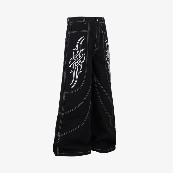 Deconstructed Contrast Embroidered Baggy Jeans