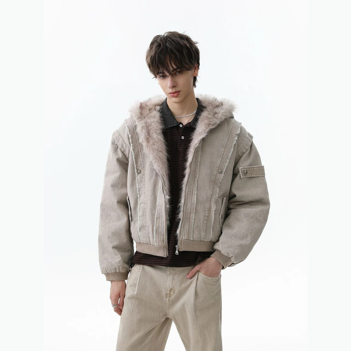 Retro Washed Fleece-lined Hooded Work Jacket