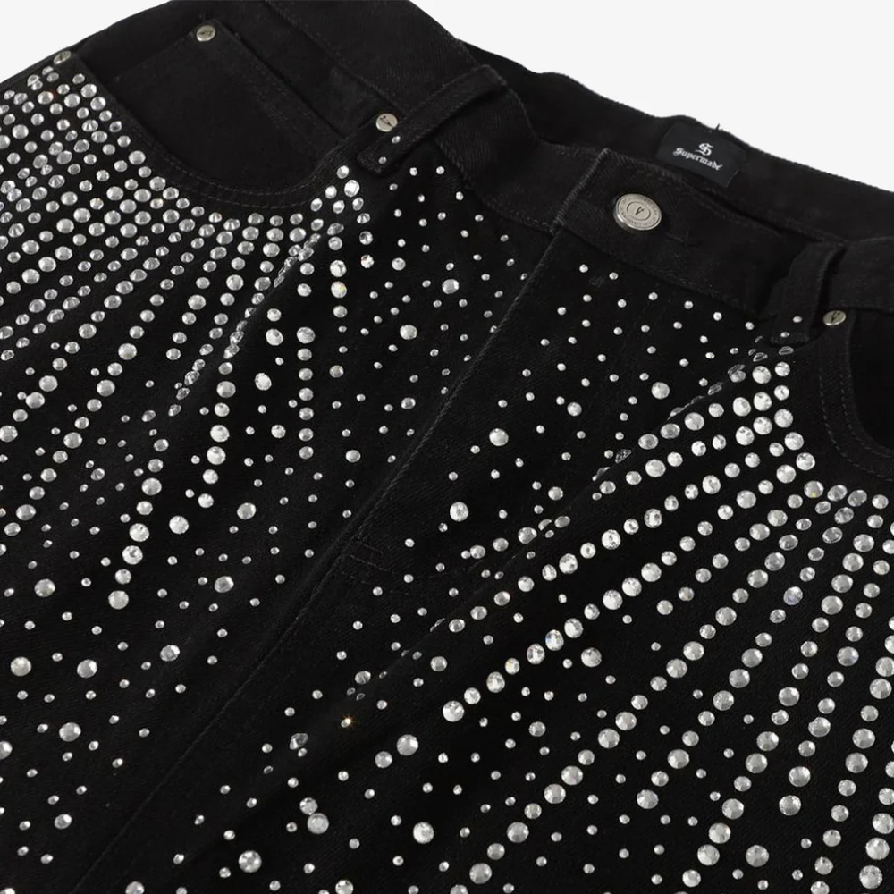 Retro Denim Full Rhinestone Design Baggy Jeans