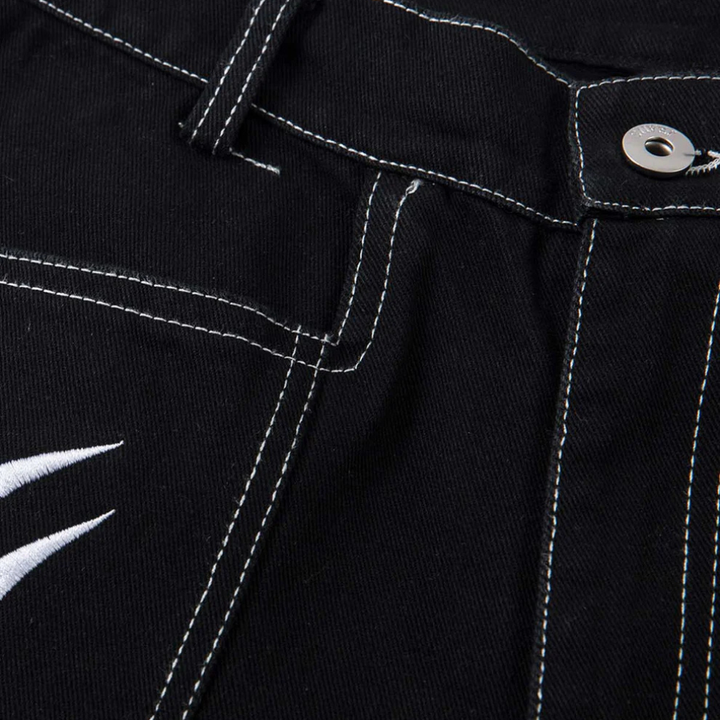 Deconstructed Contrast Embroidered Baggy Jeans