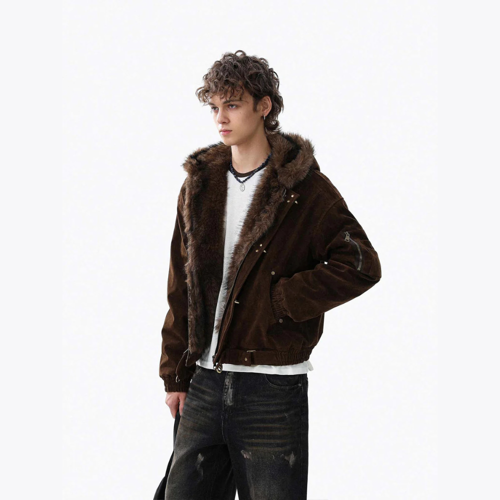 Streetwear Metal Clip Faux Fur Hooded Suede Bomber Jacket