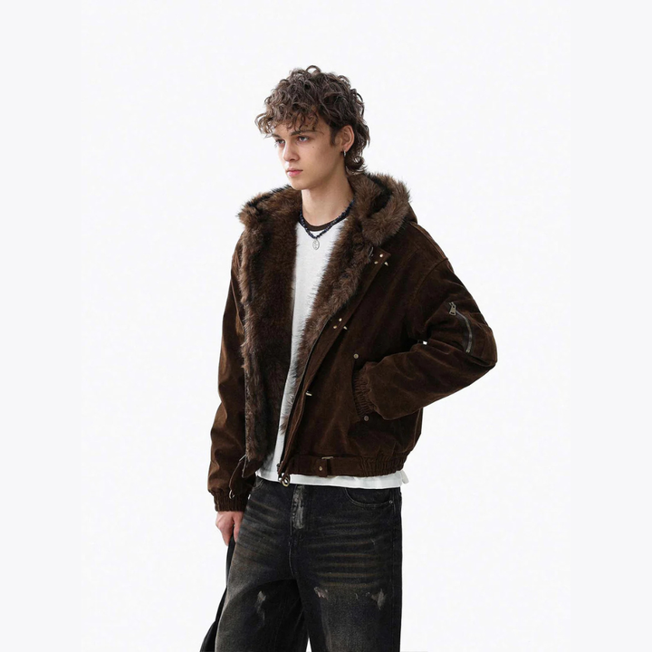 Streetwear Metal Clip Faux Fur Hooded Suede Bomber Jacket