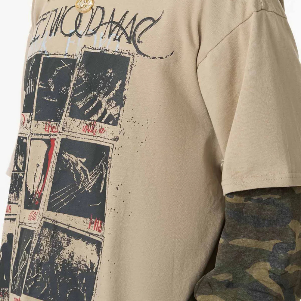 Jersey Distressed Camouflage Faux Two-Piece Graphic T-Shirt