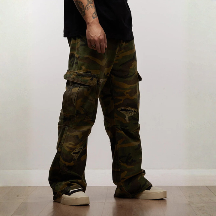Woven Ripped Camouflage Flared Cargo Pants