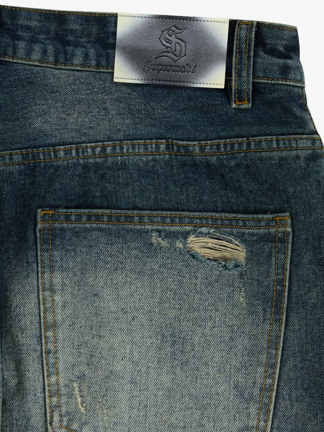 Retro Rhinestone Letter Embroidery Distressed Baggy Jeans