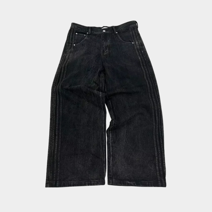 Embroidered Striped Baggy Jeans - 01
