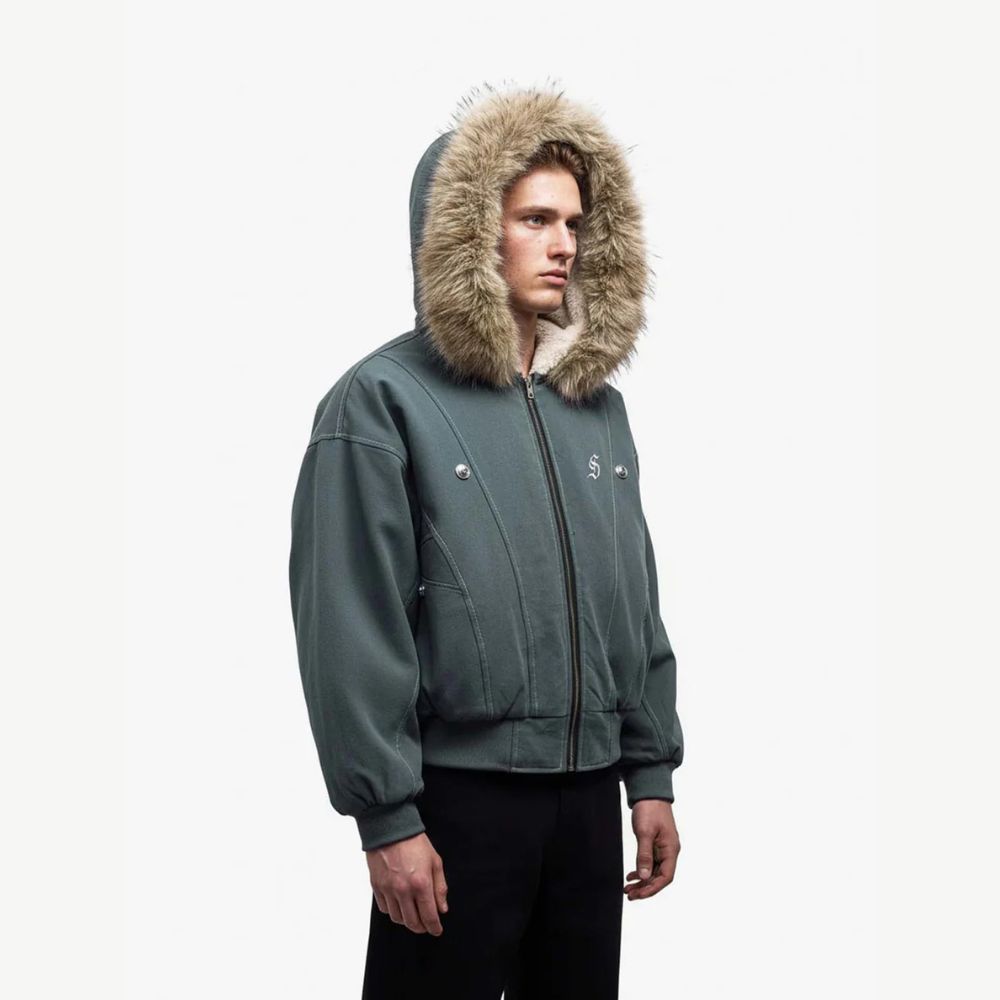 Faux Fur Lined Zip Up Winter Hooded Bomber Jacket