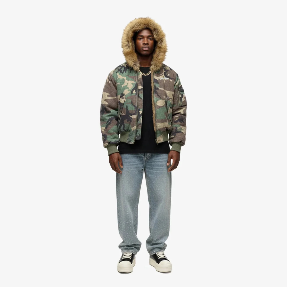 Camouflage Fur Collar Reversible Cotton Jacket