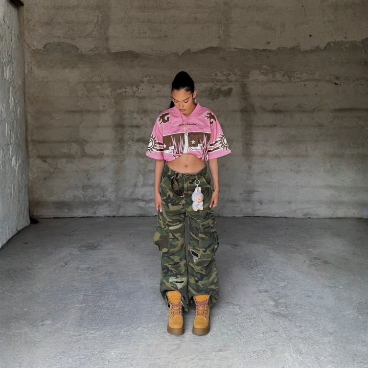Woven Ripped Camouflage Flared Cargo Pants