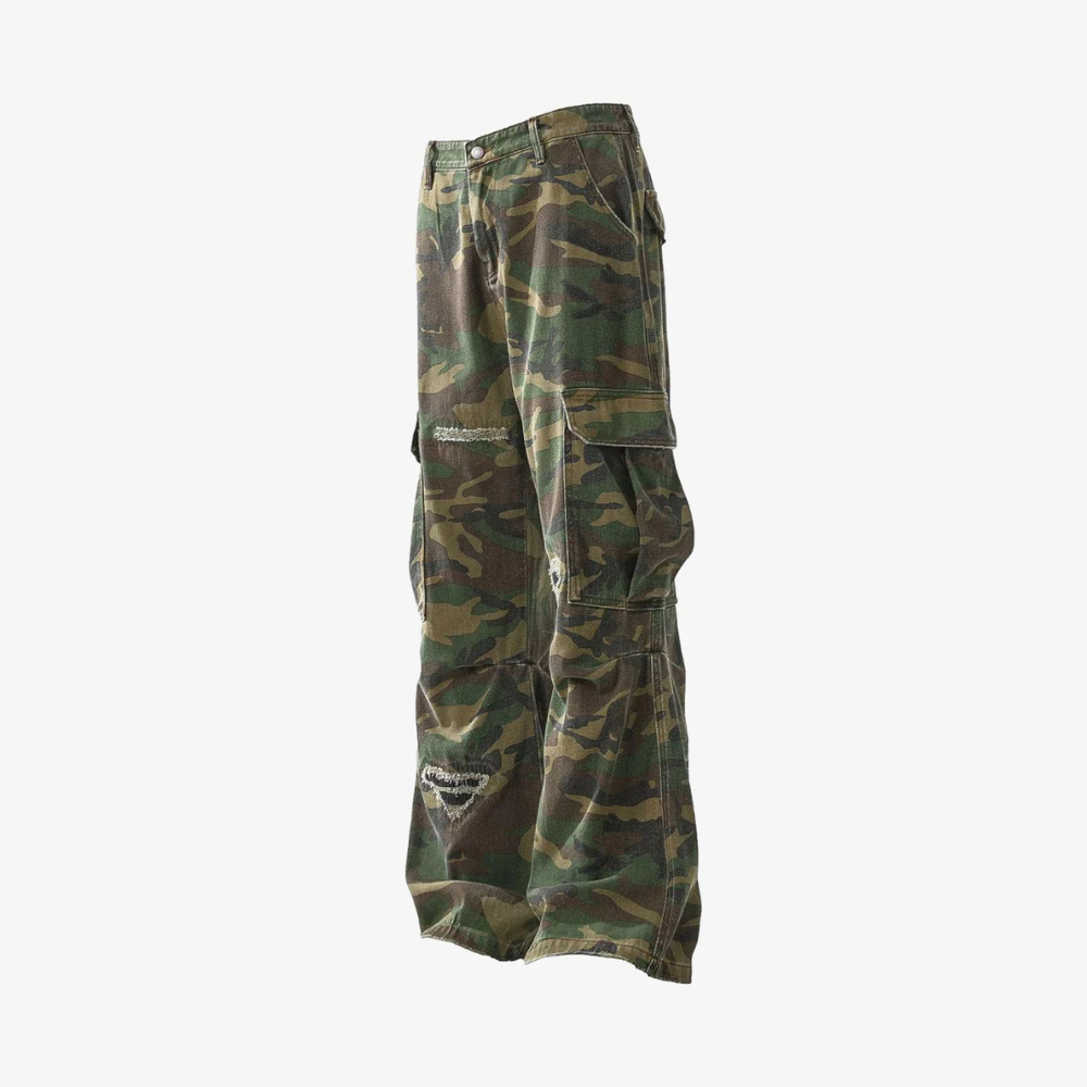 Woven Ripped Camouflage Flared Cargo Pants