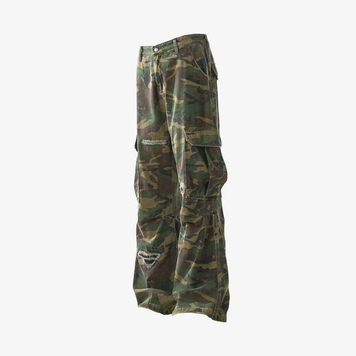 Woven Ripped Camouflage Flared Cargo Pants