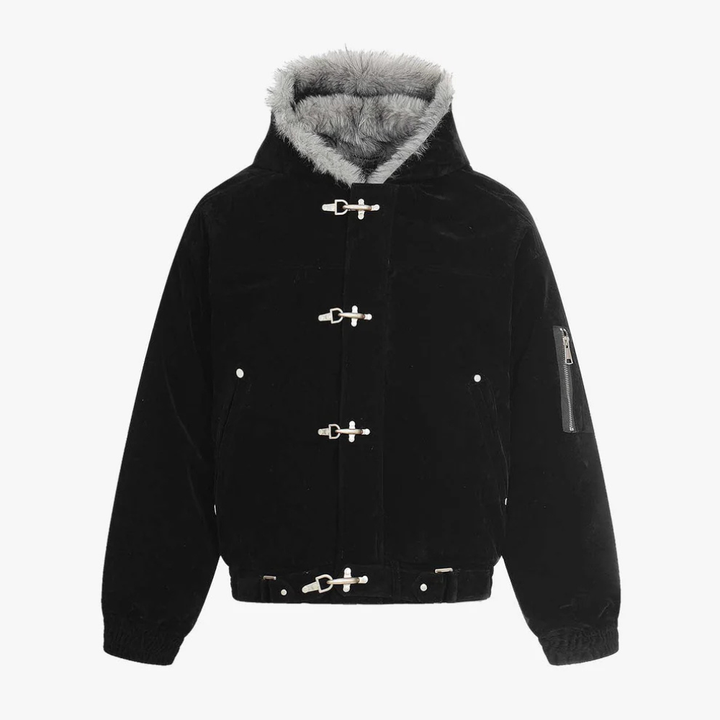 Streetwear Metal Clip Faux Fur Hooded Suede Bomber Jacket