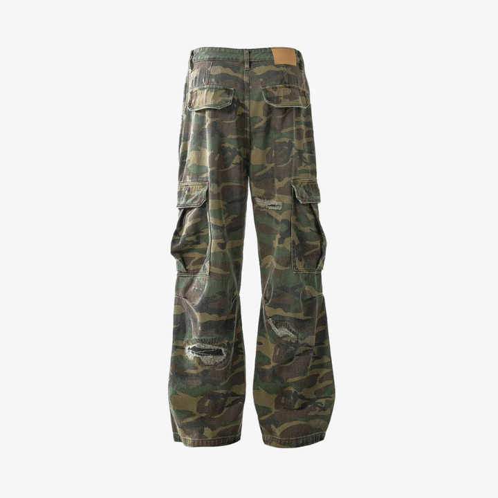 Woven Ripped Camouflage Flared Cargo Pants