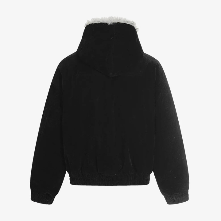 Streetwear Metal Clip Faux Fur Hooded Suede Bomber Jacket