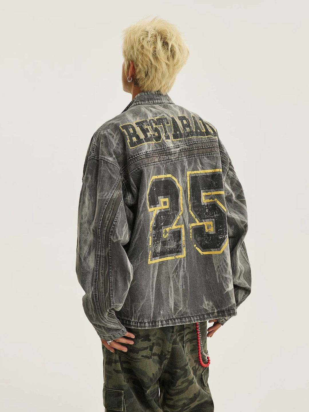 Distressed Washed Printed Denim Jacket