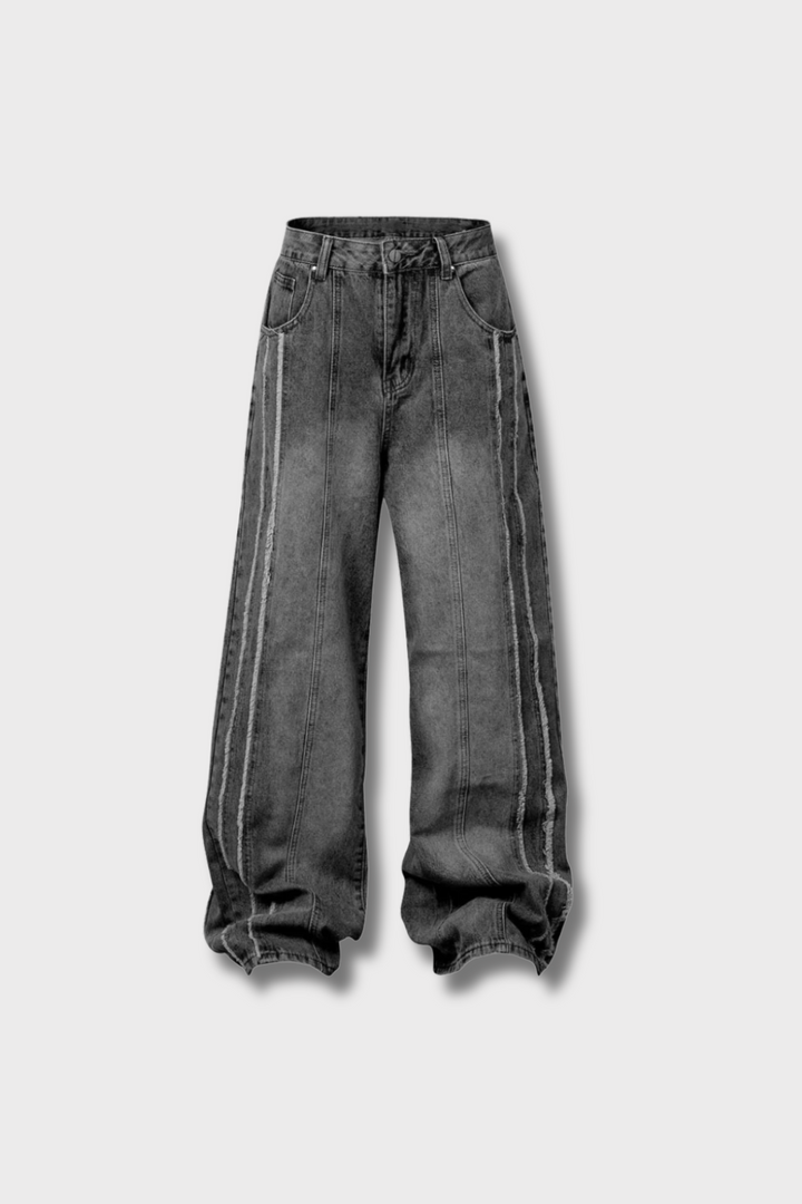 Washed Distressed Raw Edge Baggy Jeans - 2271
