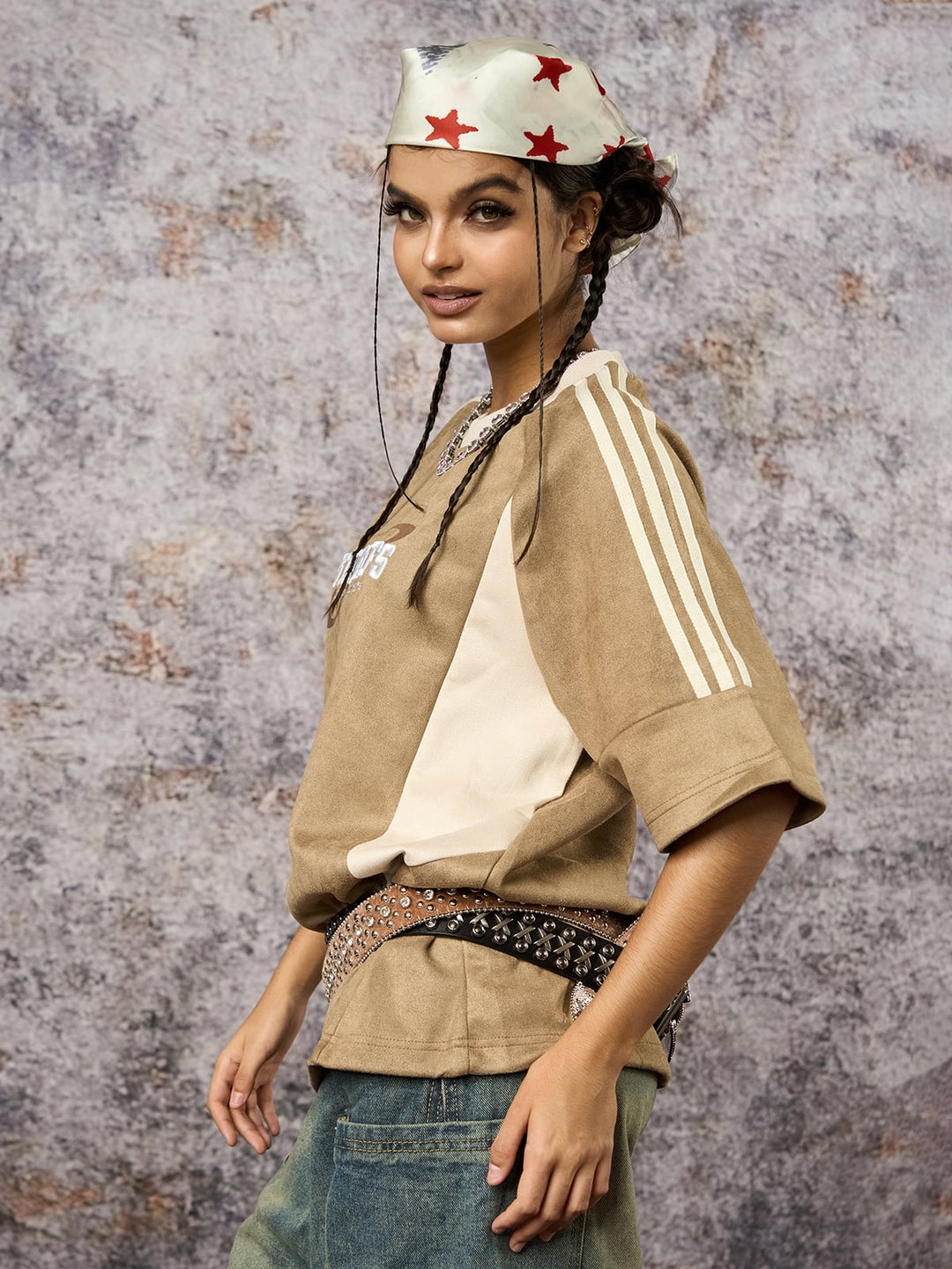 Suede Contrast Color Spliced Letter Embroidery Oversize T-shirt