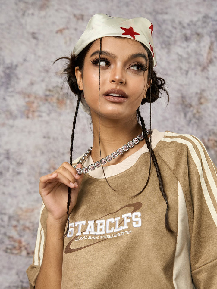 Suede Contrast Color Spliced Letter Embroidery Oversize T-shirt