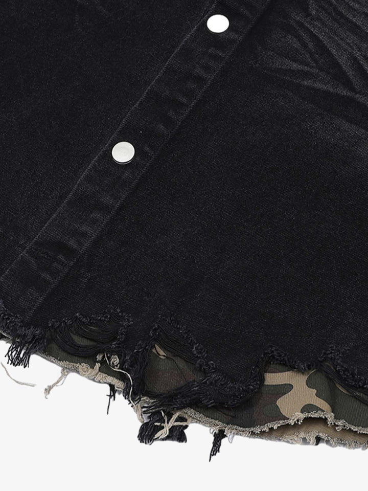Thesupermade Patchwork Camouflage Ripped Shirt Jorts Denim Suit