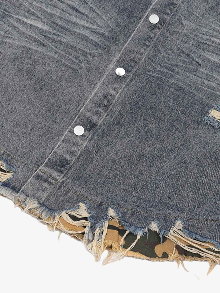 Thesupermade Patchwork Camouflage Ripped Shirt Jorts Denim Suit