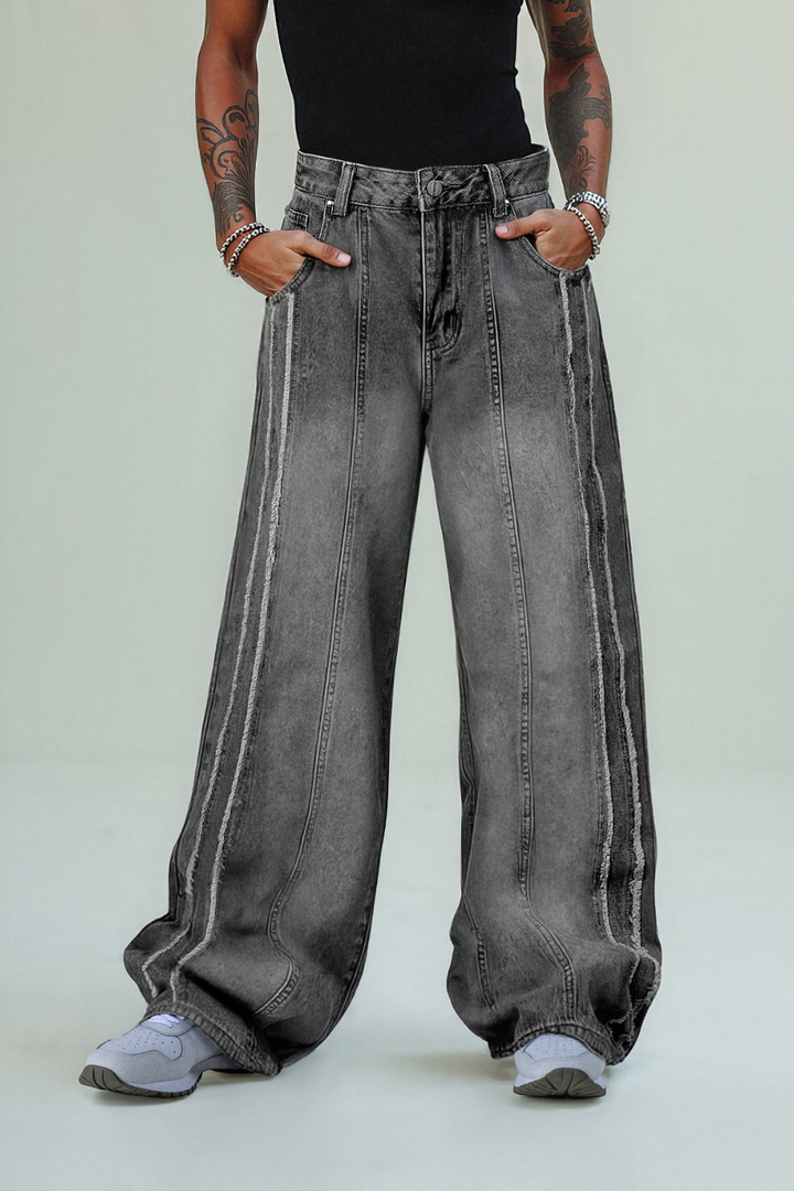 Washed Distressed Raw Edge Baggy Jeans