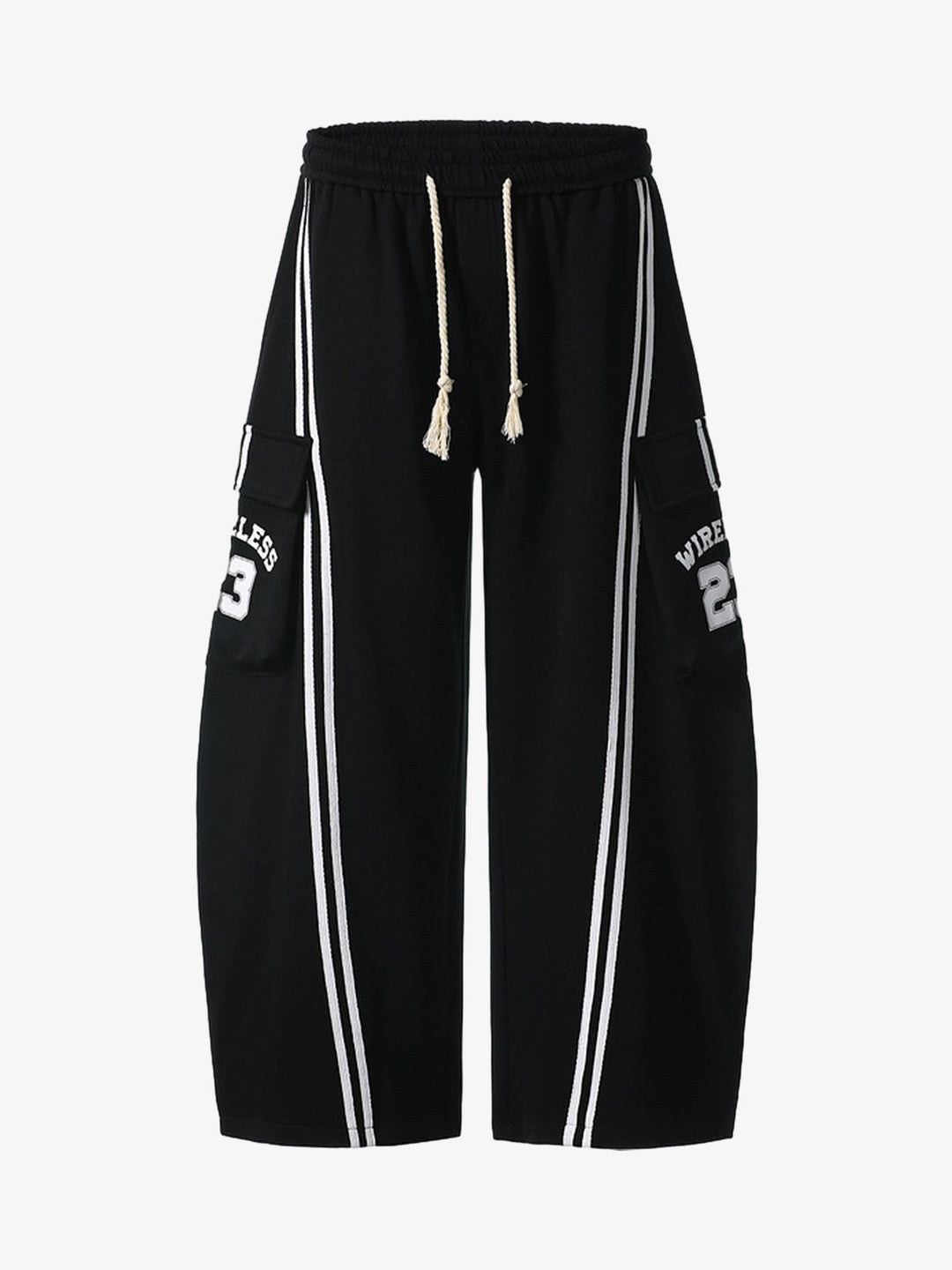 Web Stitching Letter Print Drawstring Barrel Pants