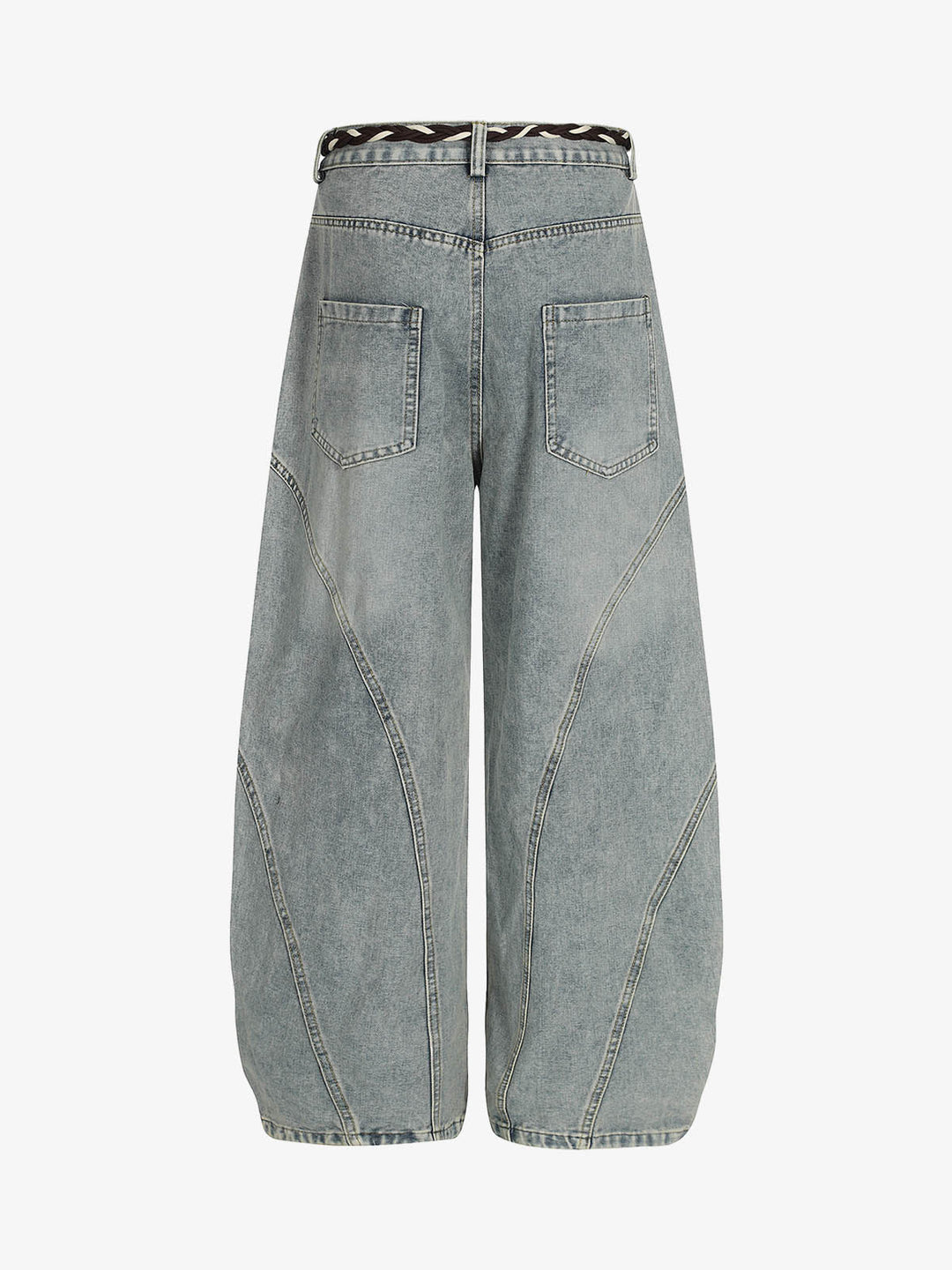 Denim Retro Belt Detail With Patchwork Barrel Jeans - 2490