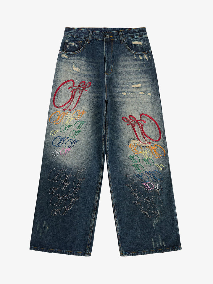 Retro Rhinestone Letter Embroidery Distressed Baggy Jeans