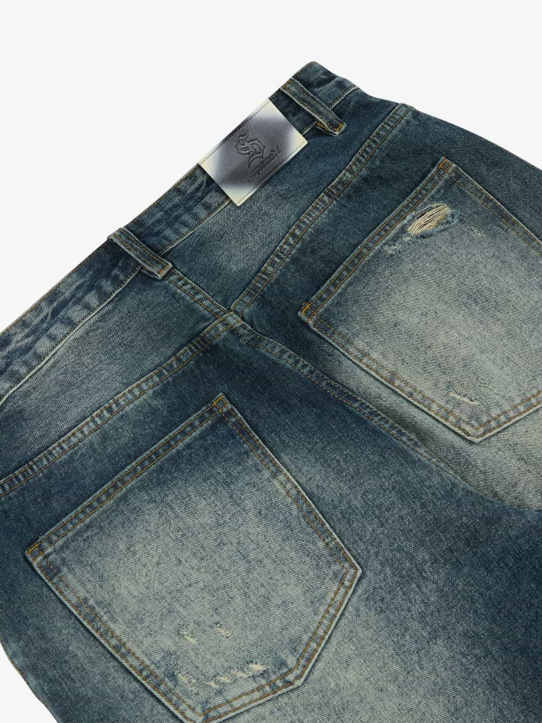 Retro Rhinestone Letter Embroidery Distressed Baggy Jeans